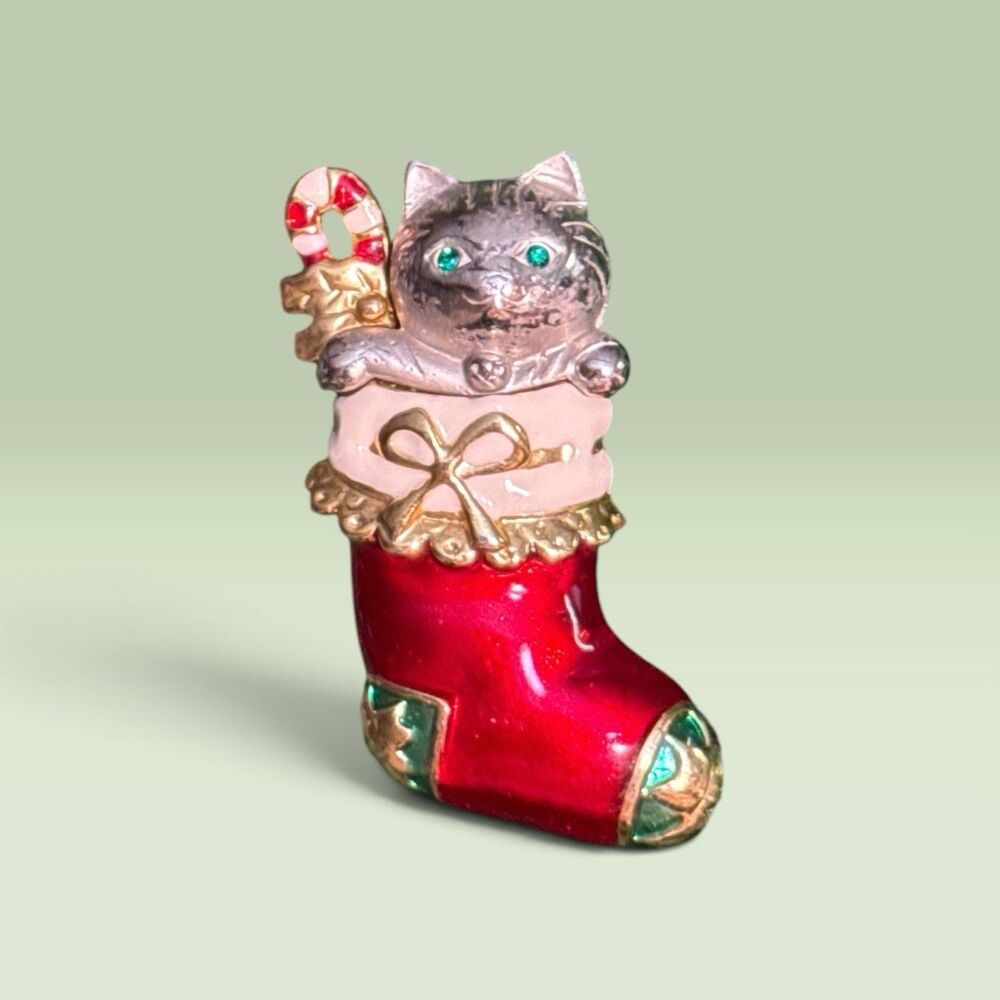 Danecraft Vintage Enamel Kitten Cat Christmas Stocking Brooch Pin
